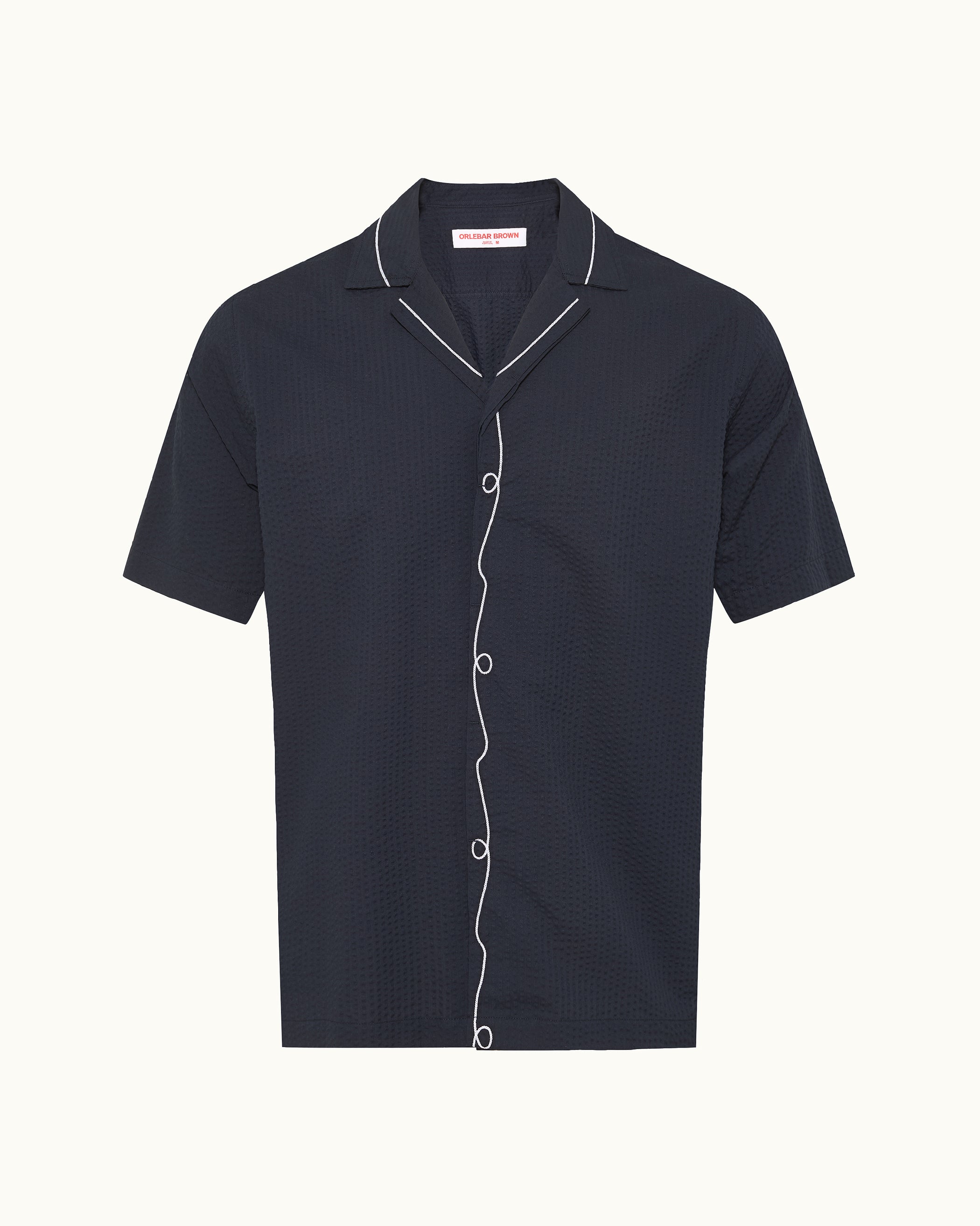 Navy blue short-sleeve shirt with white trim on a white background