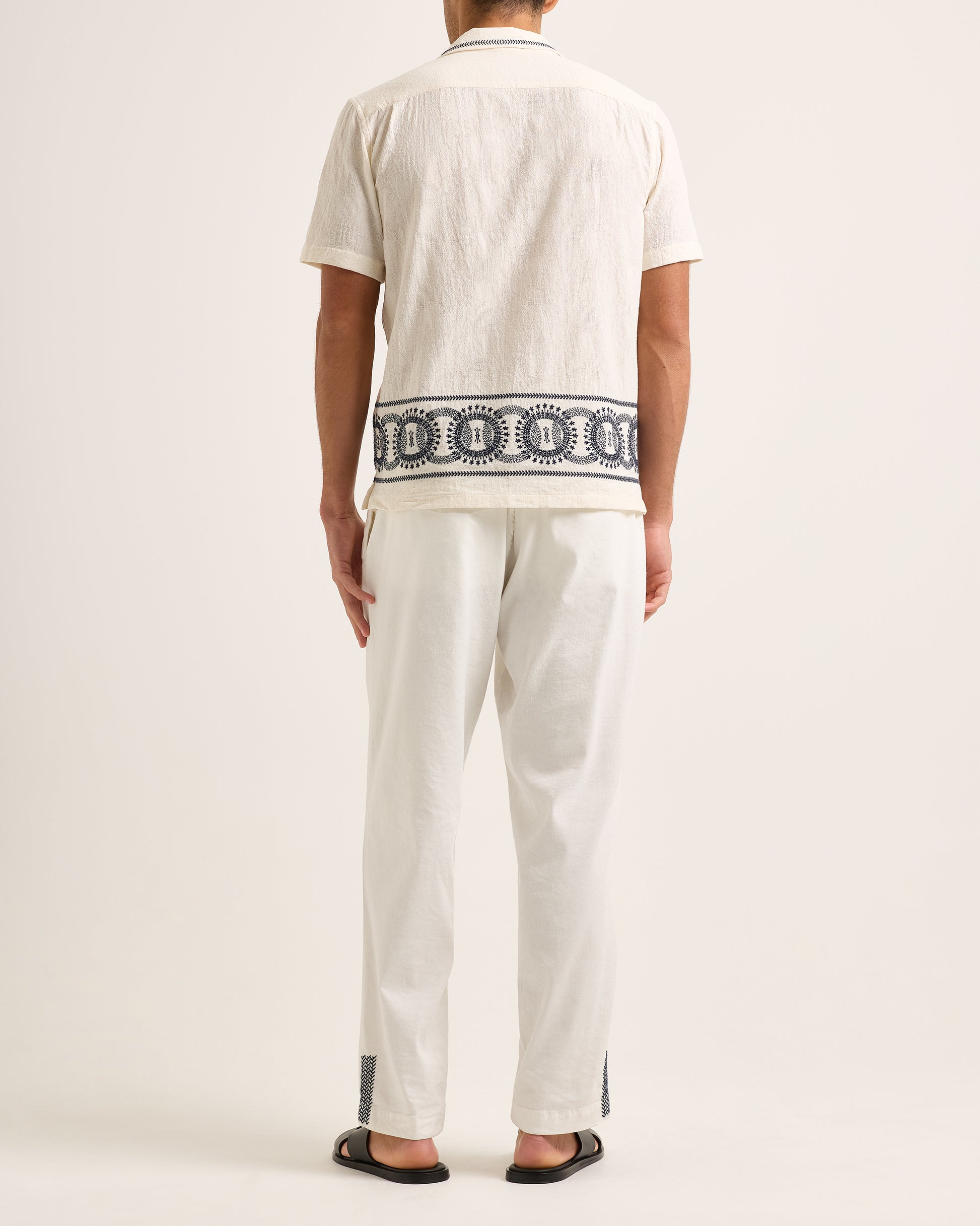 Maitan - Relaxed Fit Short Sleeve Jacquard Linen Resort Shirt In White Sand And Night Iris Model Back View