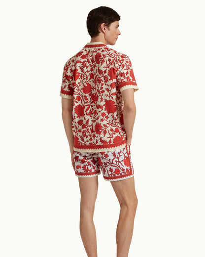 Maitan - Dragonflower Print Relaxed Fit Capri Collar Shirt in Summer Red/White Sand Model Back