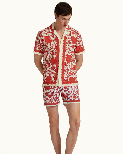 Maitan - Dragonflower Print Relaxed Fit Capri Collar Shirt in Summer Red/White Sand Model Front