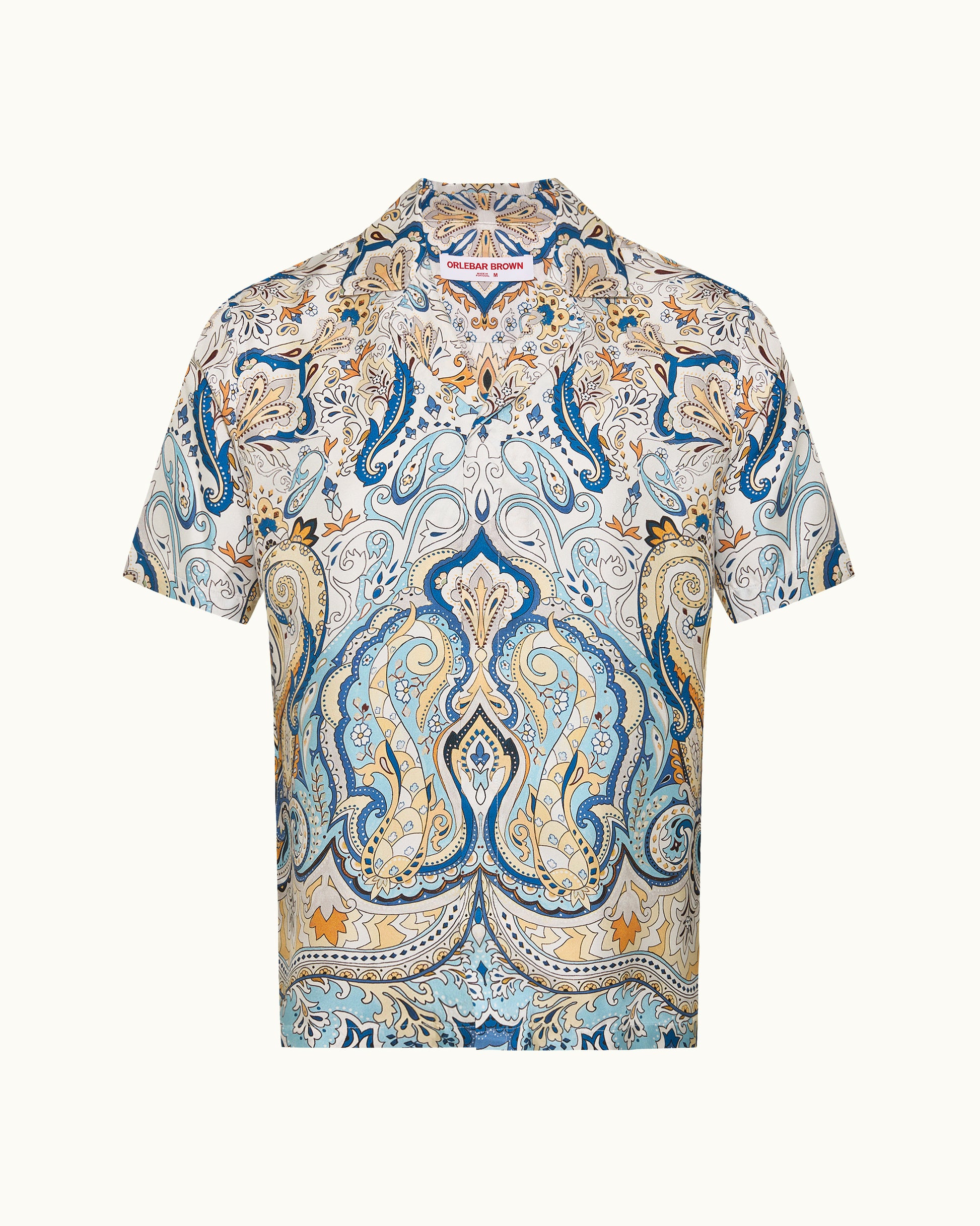 Short-sleeve shirt with a paisley pattern on a white background