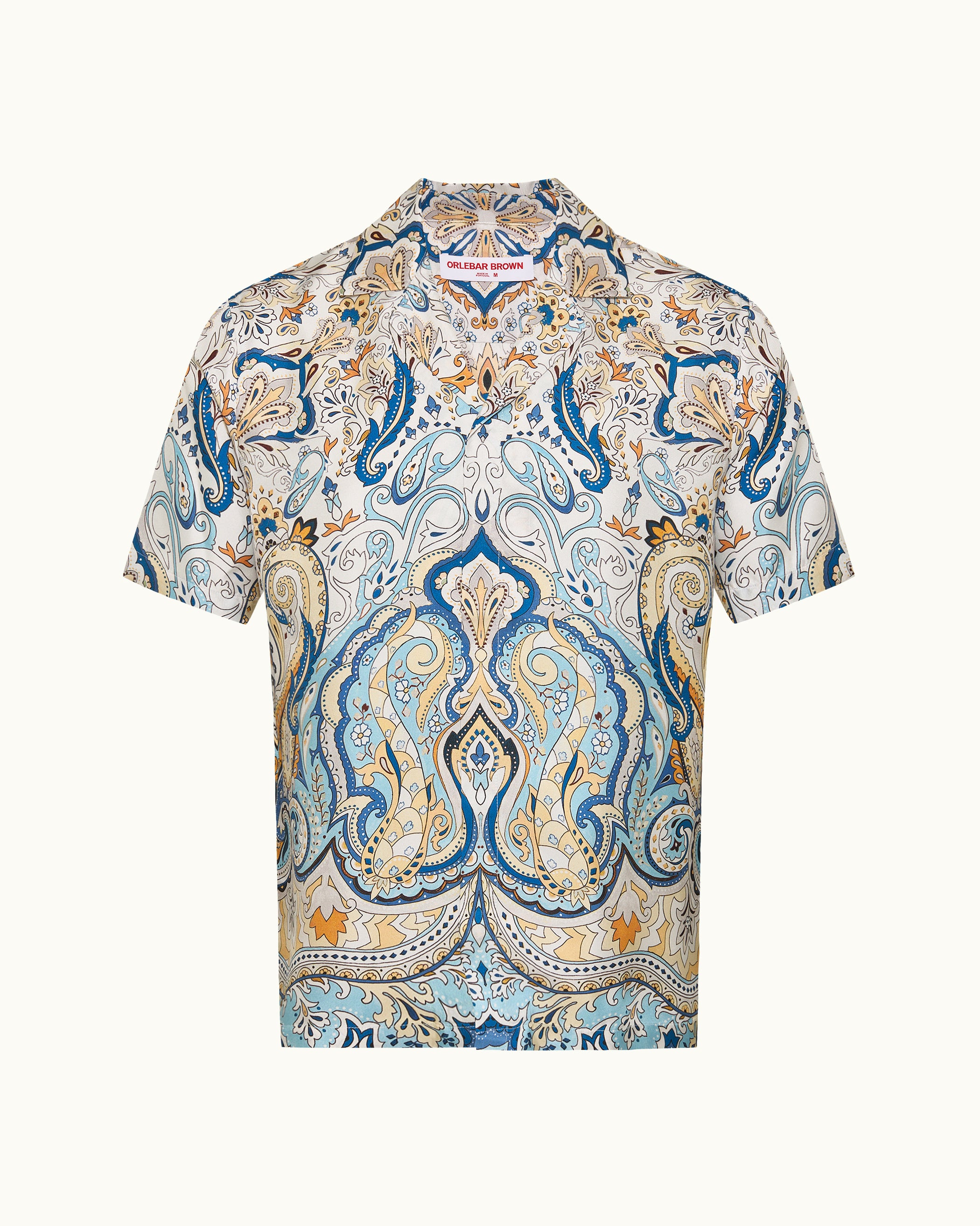 Short-sleeve shirt with a paisley pattern on a white background