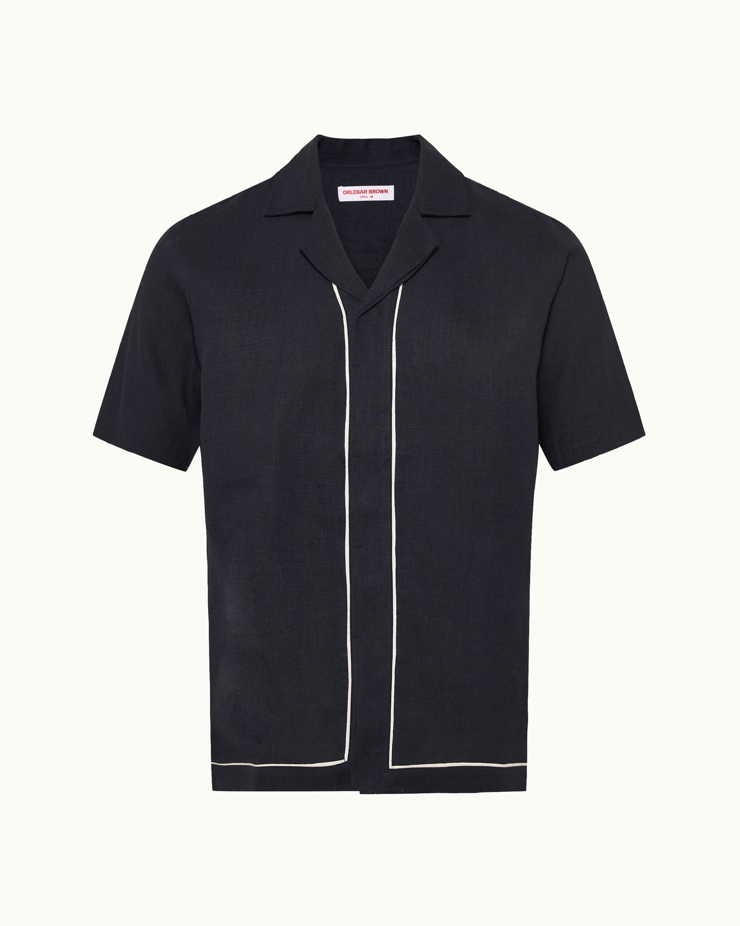 Black short-sleeve shirt with white trim on a white background