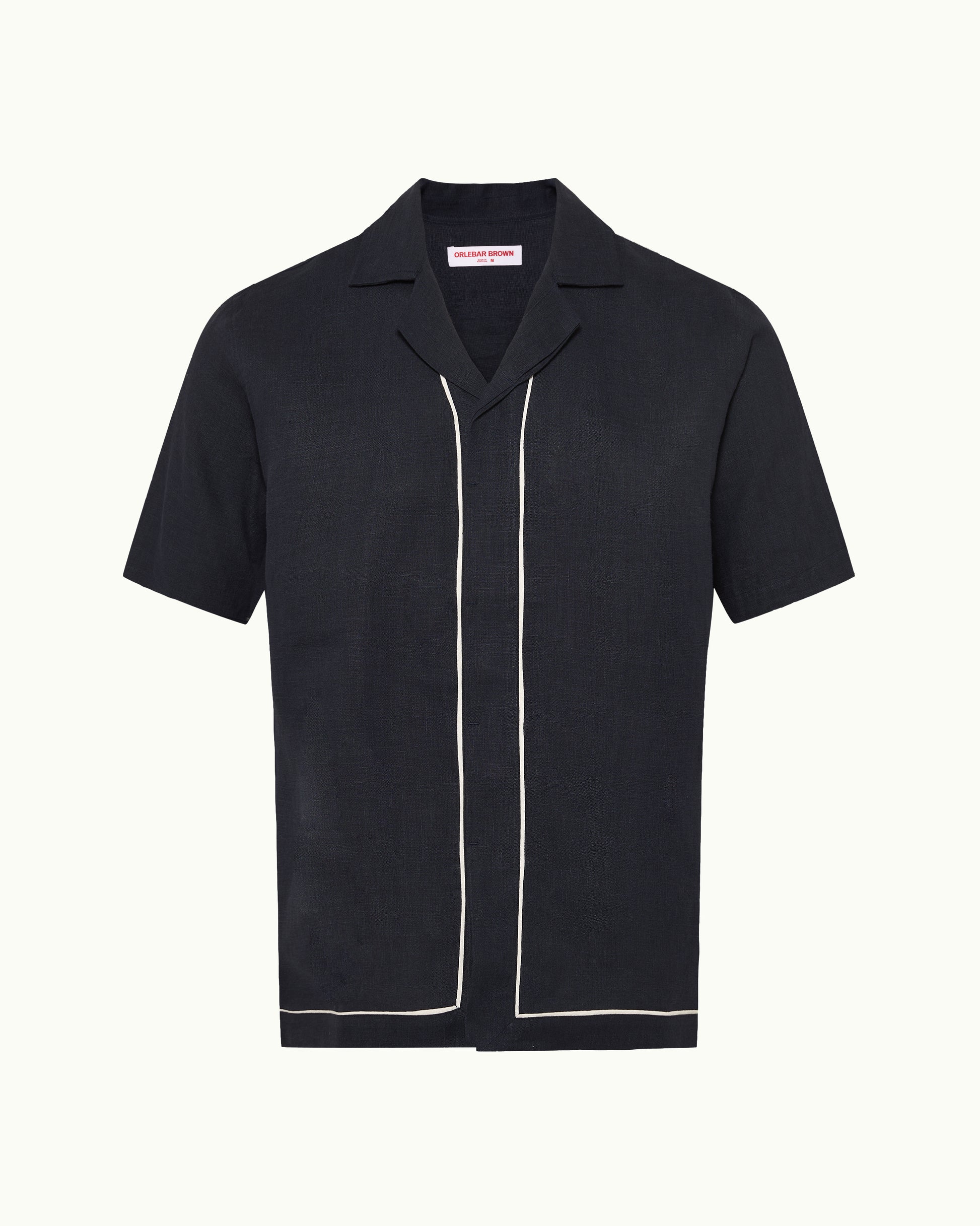 Black short-sleeve shirt with white trim on a white background