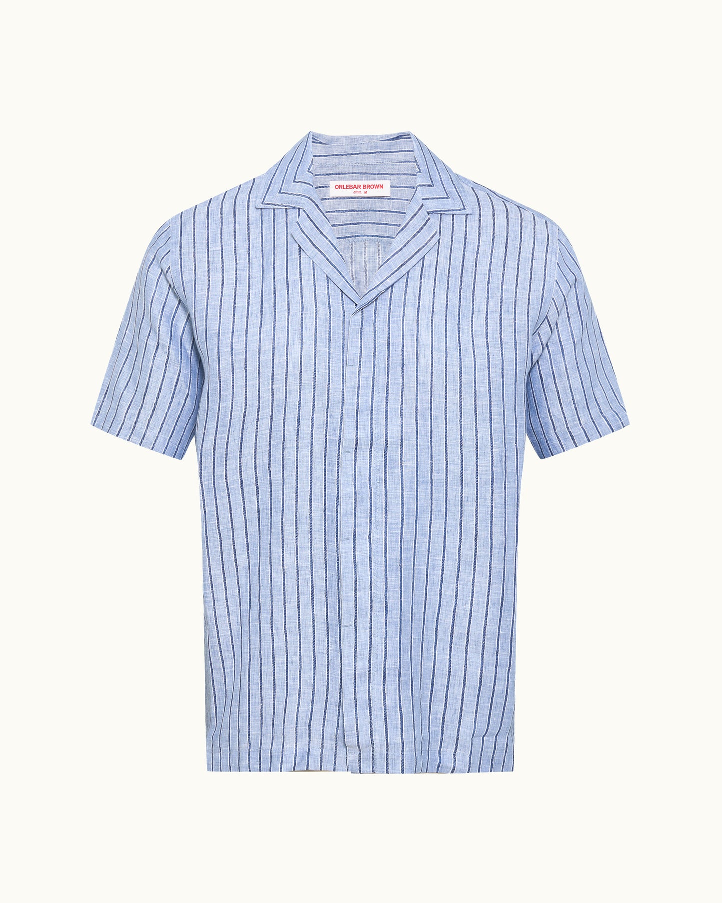 Blue striped short sleeve shirt on a plain background