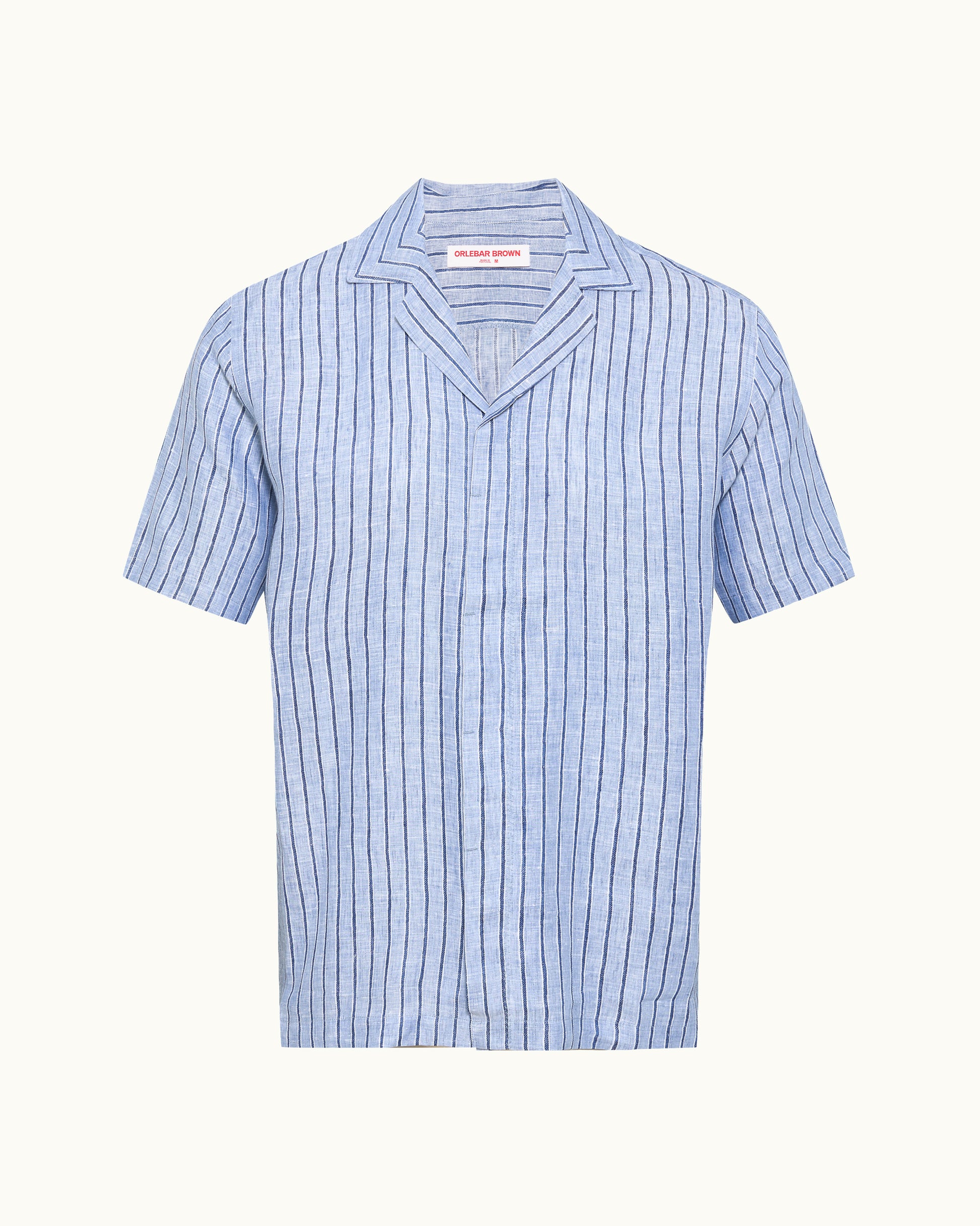 Blue striped short sleeve shirt on a plain background