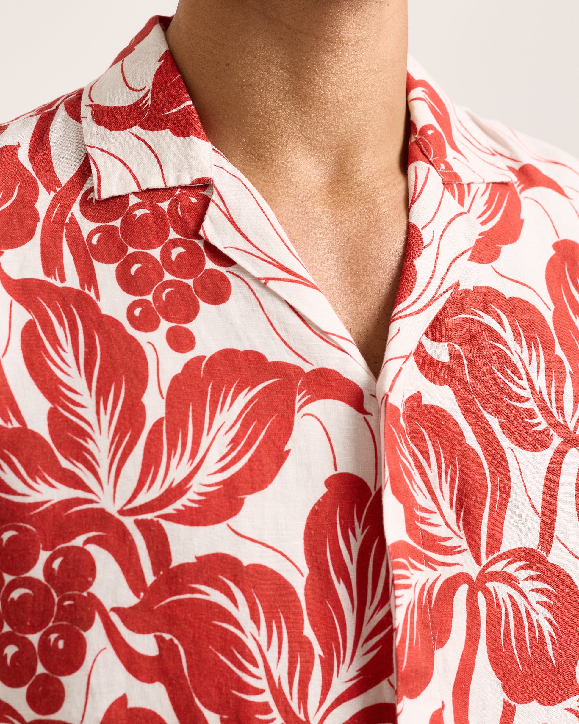 Close-up of red floral patterned shirt on a white background