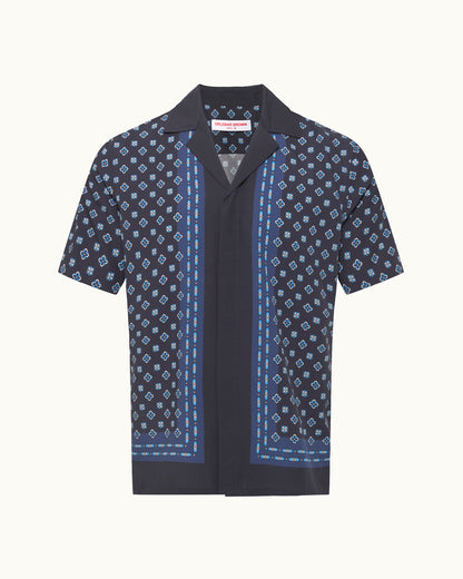 Navy patterned shirt with a collar on a white background