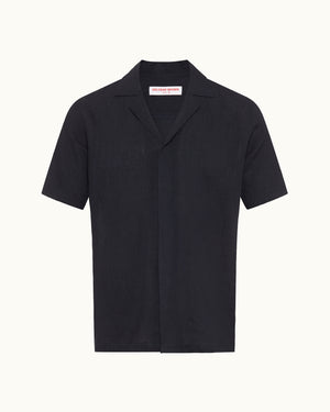 Maitan Lino - Relaxed Fit Capri Collar Italian Linen Shirt In Night Iris Blue Front View