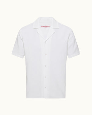 Maitan - Relaxed Fit Capri Collar Open Weave Italian Cotton Shirt in Cloud White Front View