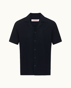 Maitan - Relaxed Fit Capri Collar Open Weave Italian Cotton Shirt in Night Iris Front View