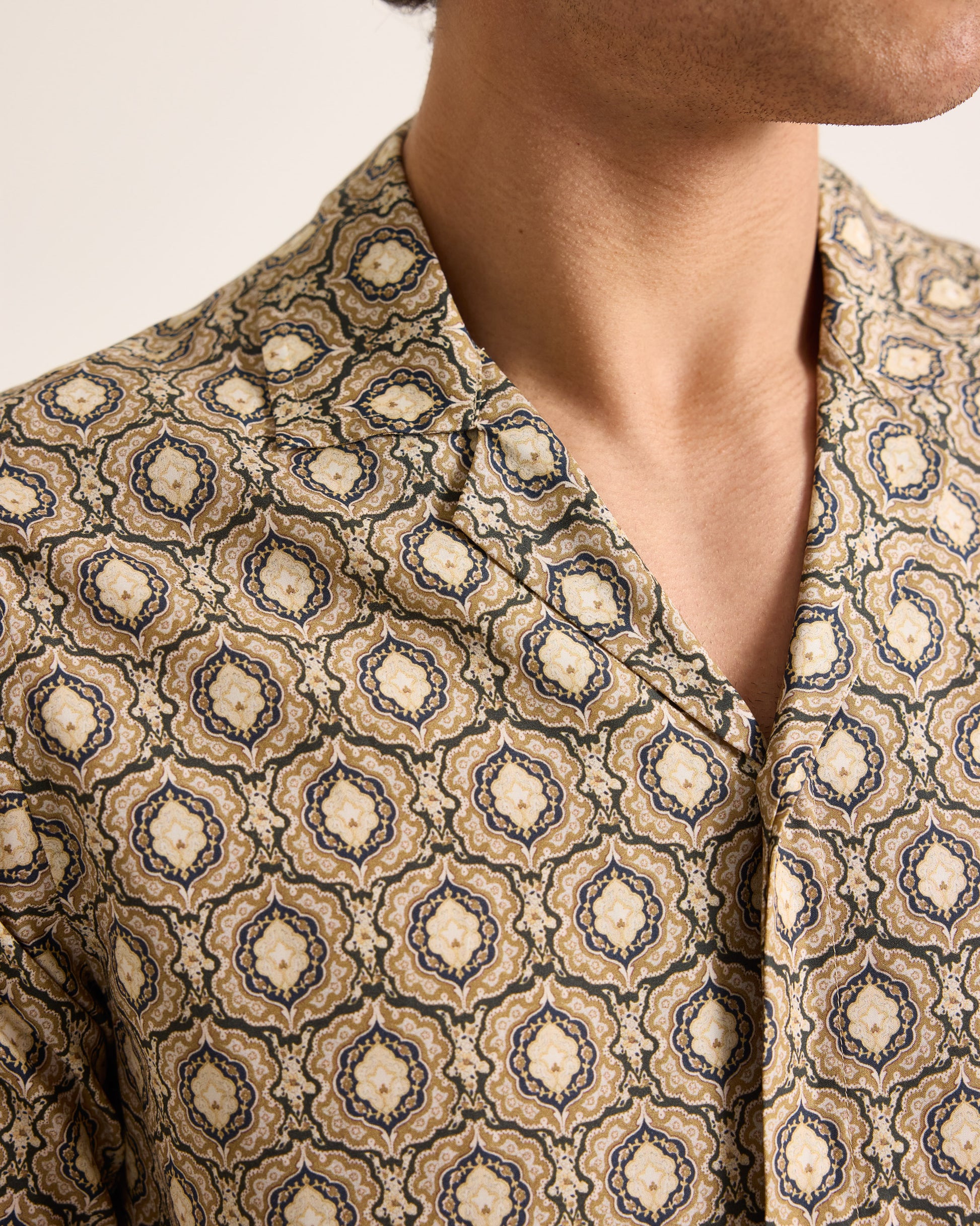 Close-up of a patterned shirt with geometric design
