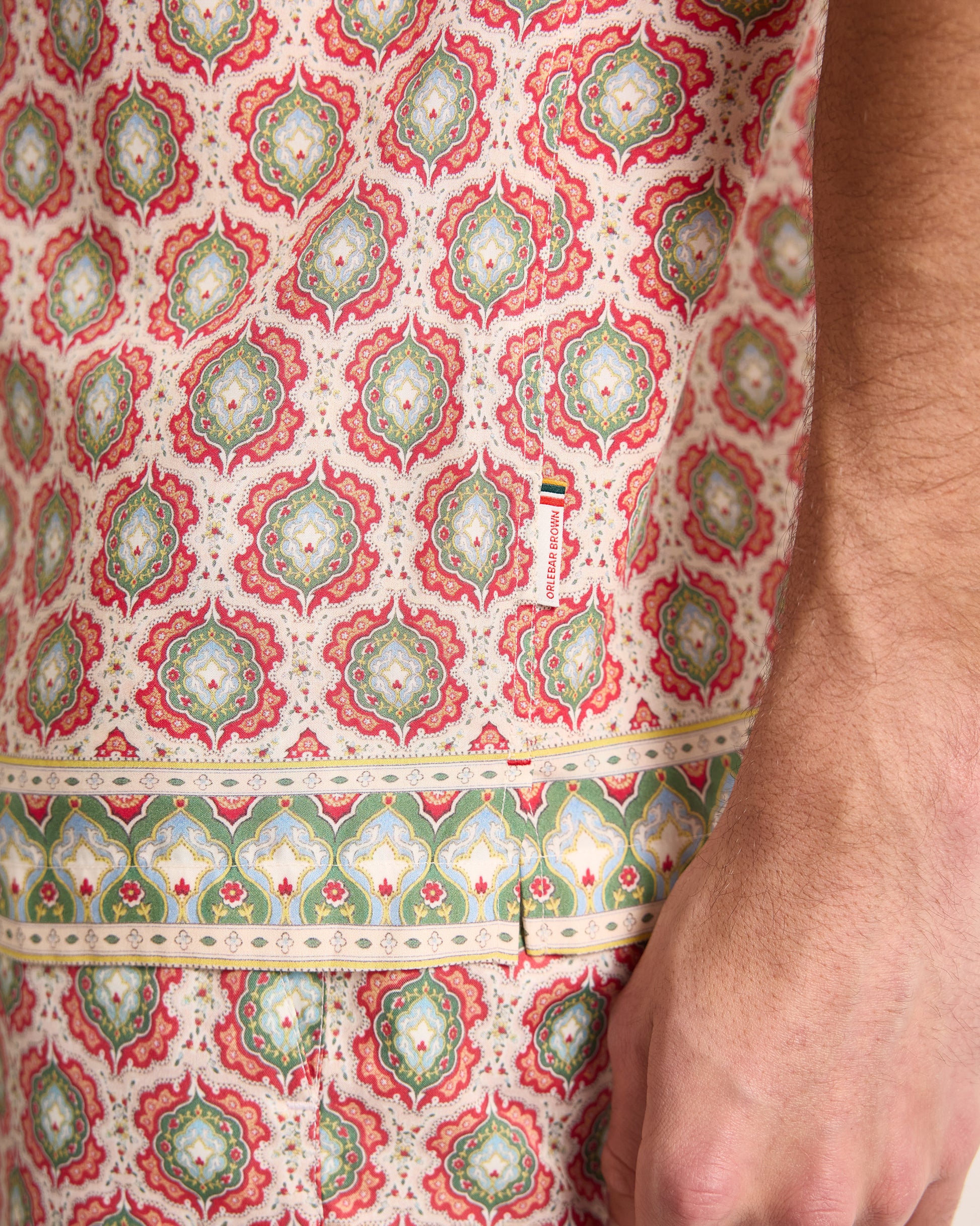 Close-up of a patterned fabric with intricate designs on a white background