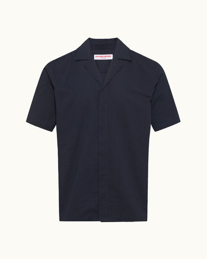 Navy blue short-sleeve shirt on a white background