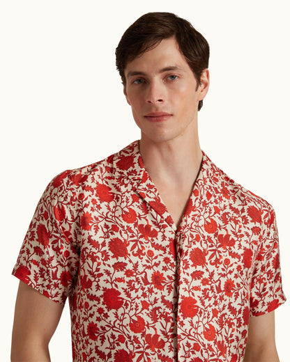 Maitan - Dragonflower Print Silk Relaxed Fit Capri Collar Shirt Woven In Italy in Summer Red/White Sand Detail