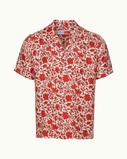Maitan - Dragonflower Print Silk Relaxed Fit Capri Collar Shirt Woven In Italy in Summer Red/White Sand Front
