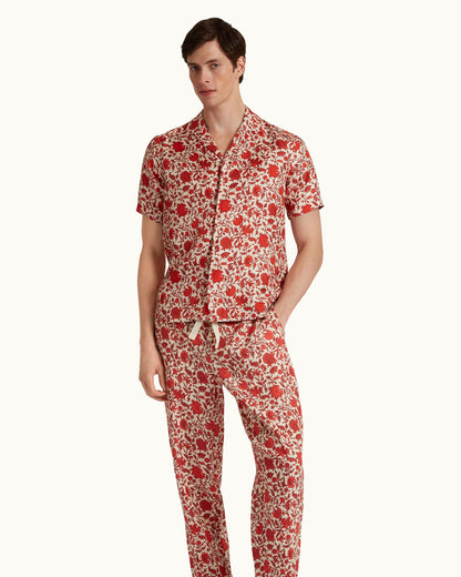 Maitan - Dragonflower Print Silk Relaxed Fit Capri Collar Shirt Woven In Italy in Summer Red/White Sand Model Front