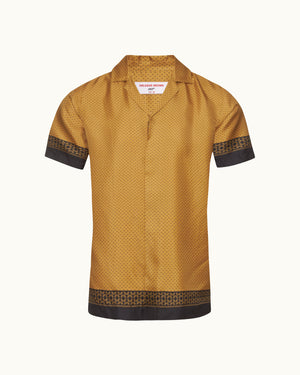 Maitan - Relaxed Fit Capri Collar Gold Bullion '007' Logo Silk Shirt in Gold/Black Front