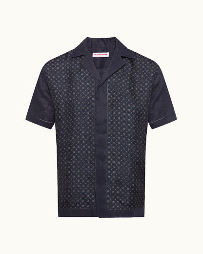 Navy patterned short-sleeve shirt on a white background