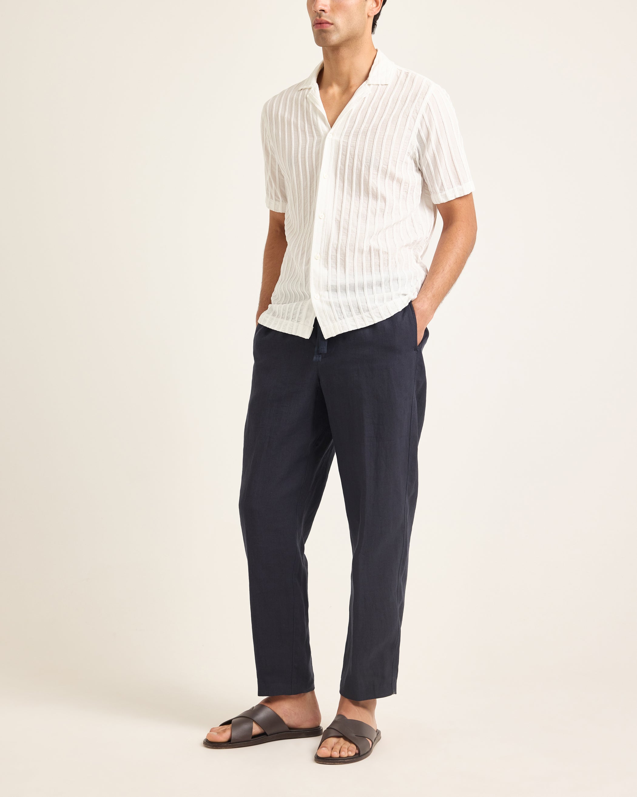 Maitan - Relaxed Fit Capri Collar Textured Chenille Stripe in White Model Front View
