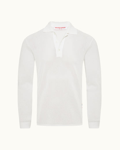 White long-sleeve polo shirt on a white background