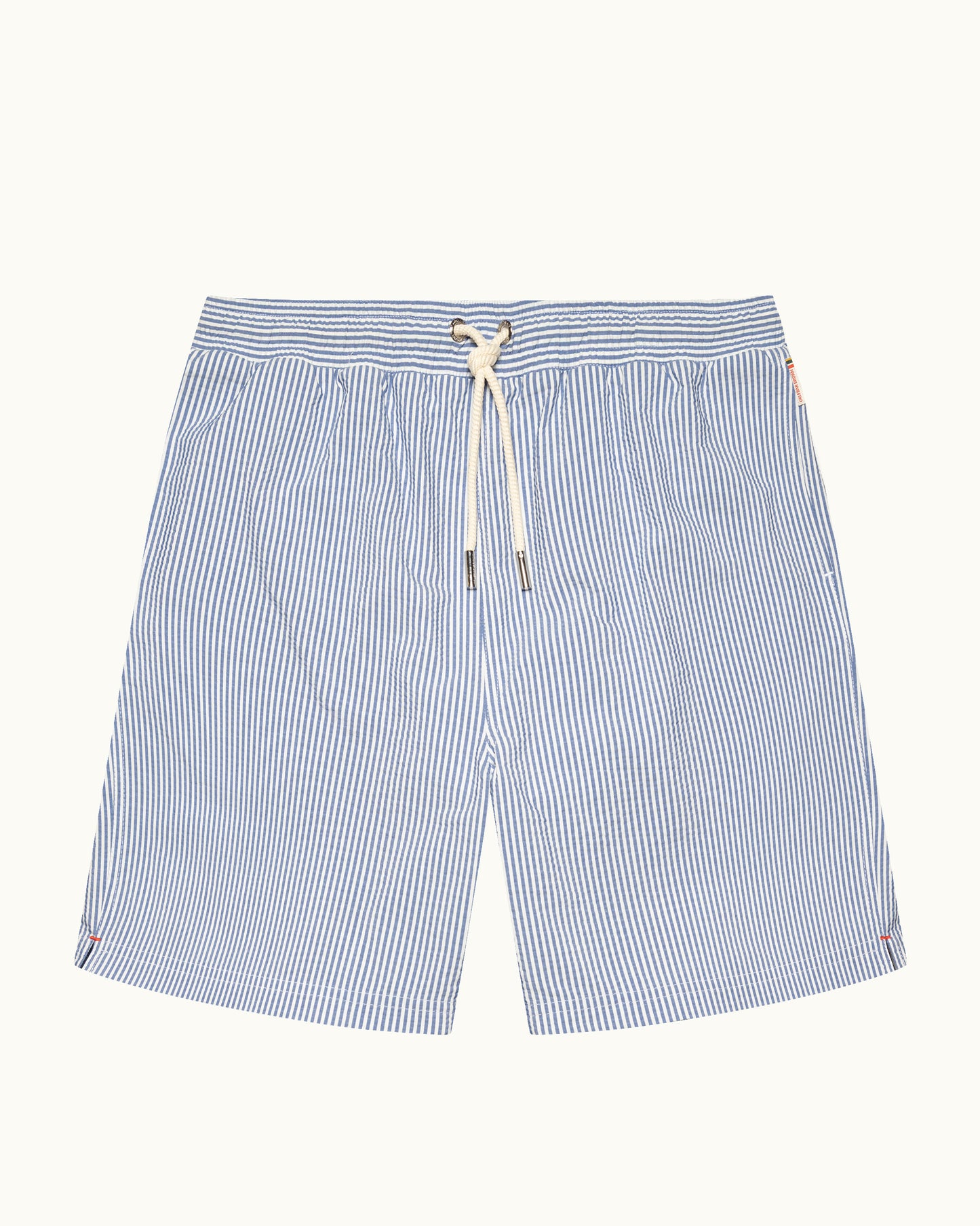 Blue and white striped shorts with a drawstring on a light gray background