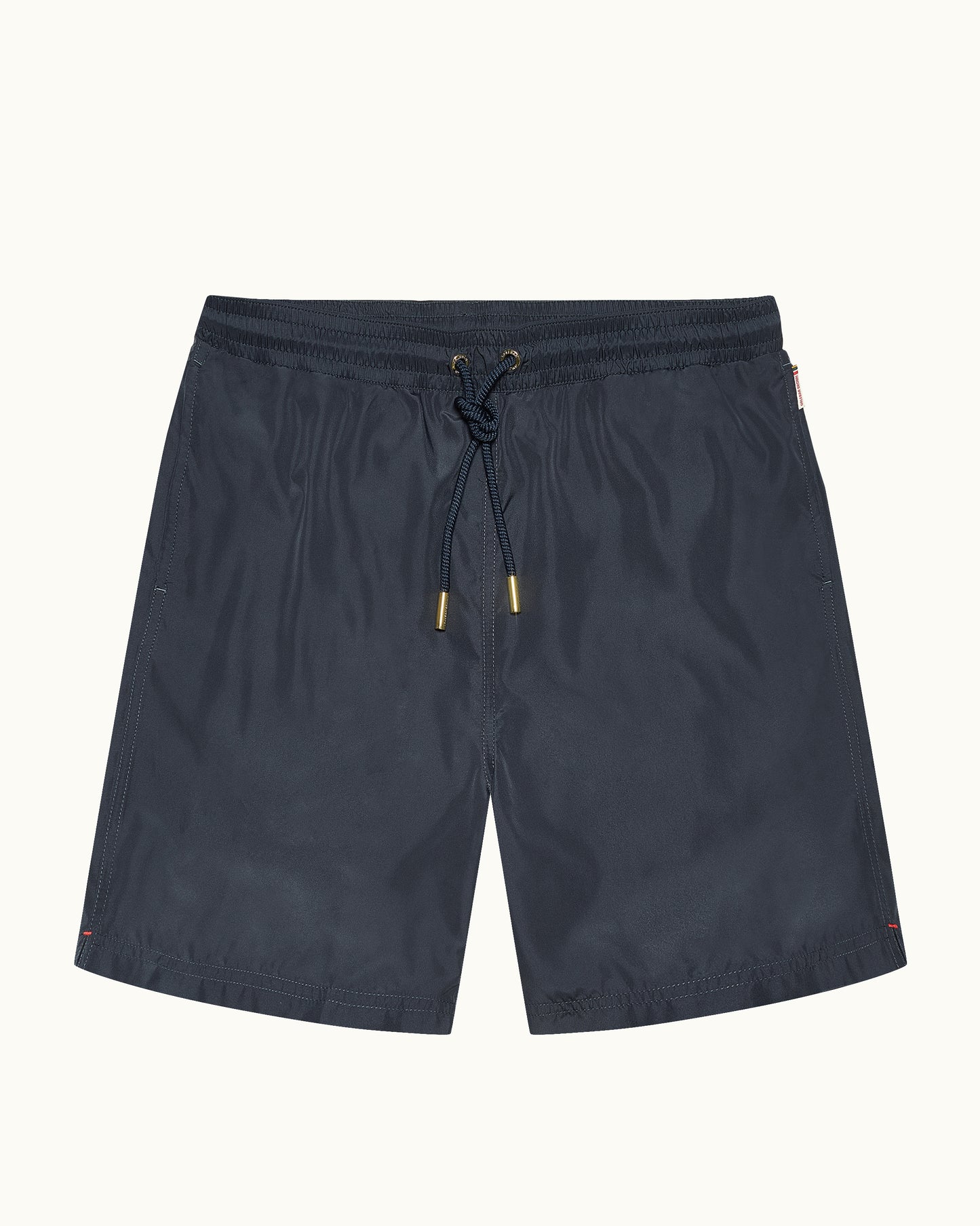 Navy blue shorts with a drawstring on a white background
