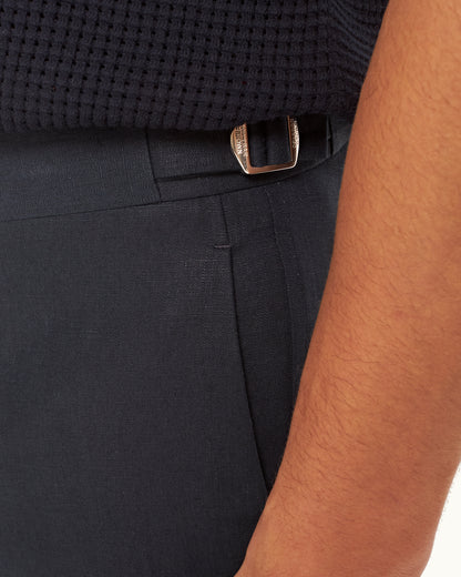 Norwich Lino - Tailored Fit Smart Italian Linen Shorts in Night Iris Detail 1 View