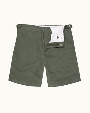 Norwich Linen - Tailored Fit Linen Shorts in Light Kombu colour Front View