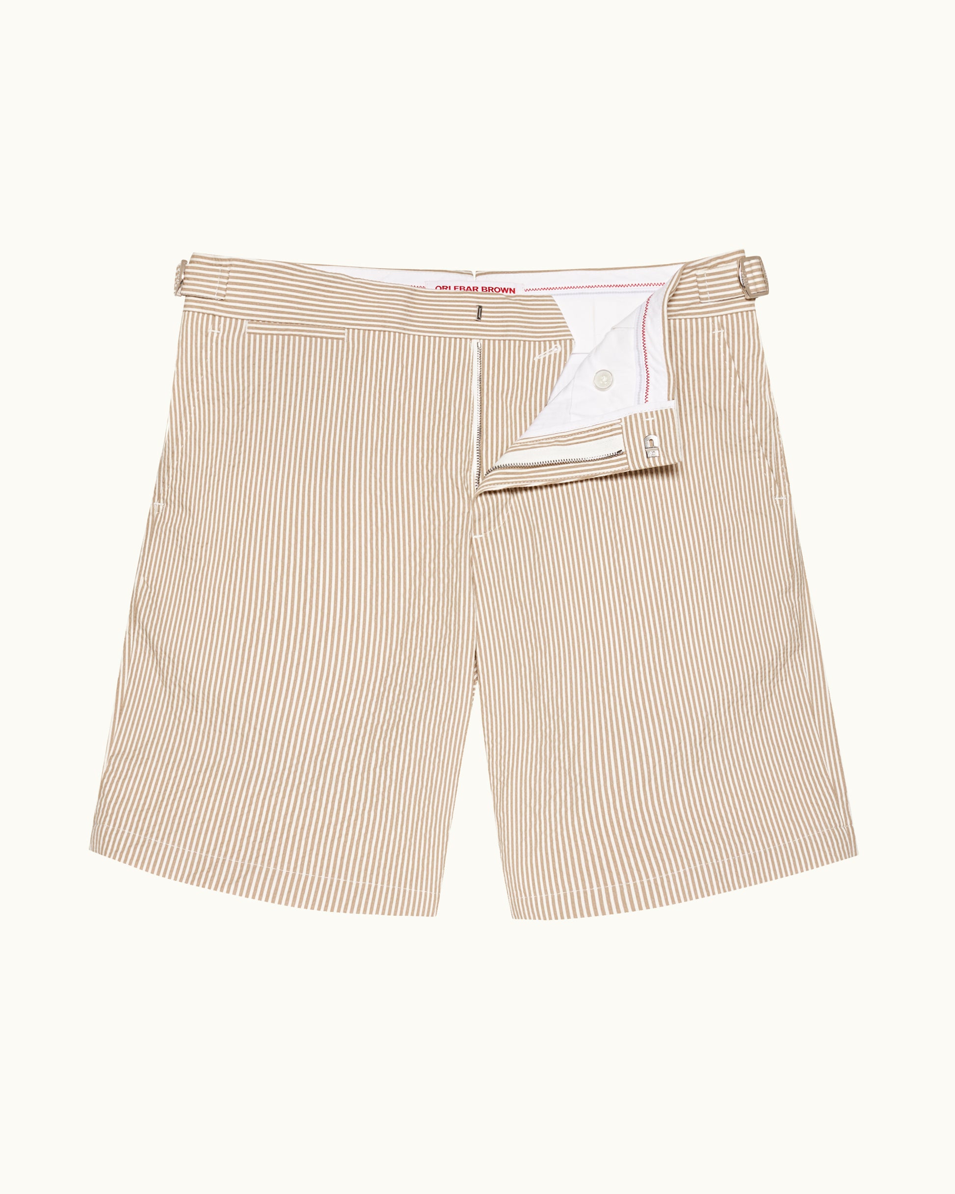 Beige striped shorts on a white background