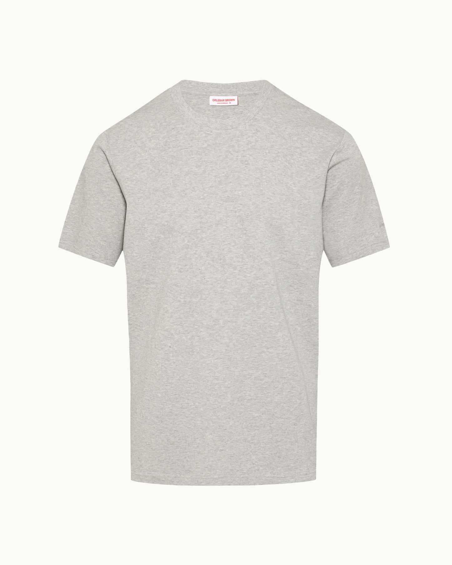 Gray t-shirt with a small red and white logo on the back against a white background