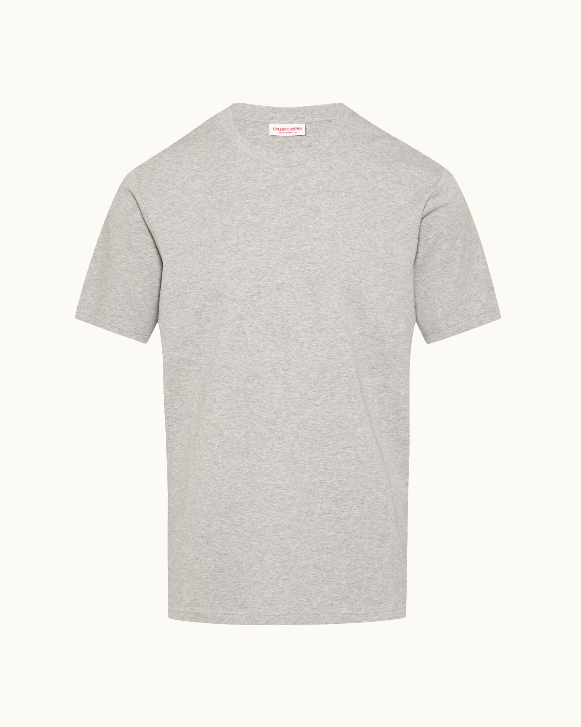 Gray t-shirt with a small red and white logo on the back against a white background
