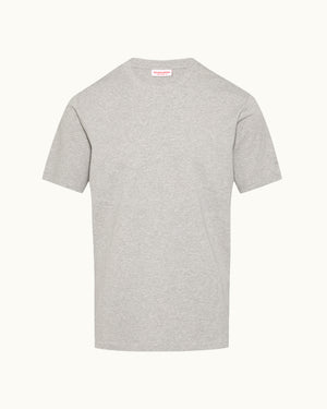 Gray t-shirt with a small red and white logo on the back against a white background