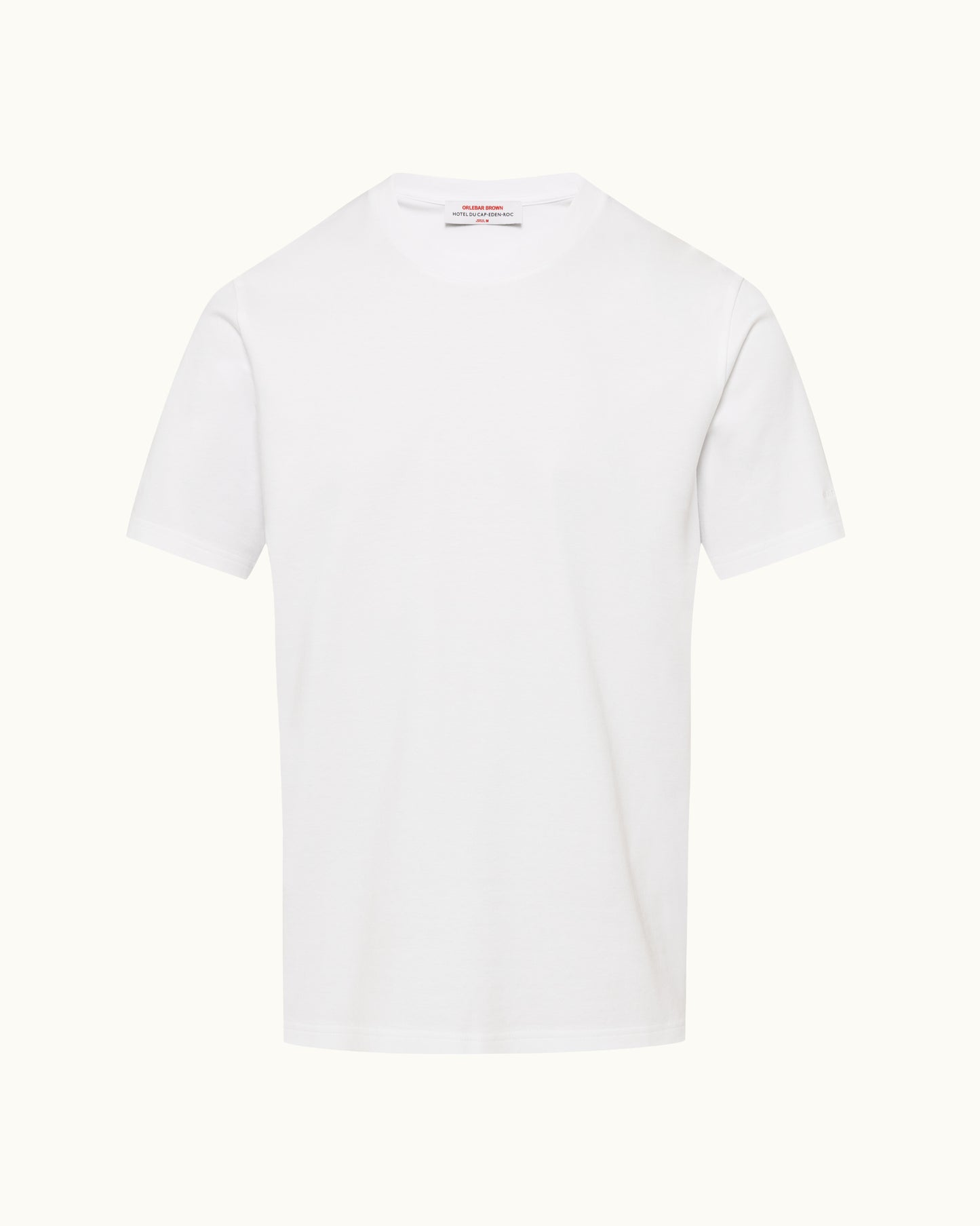 A plain white short-sleeve crewneck t-shirt shown flat against a very light off-white background.