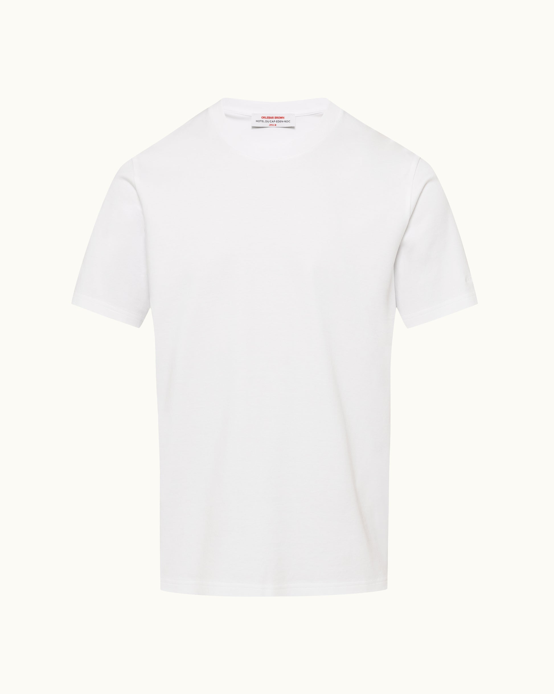 A plain white short-sleeve crewneck t-shirt shown flat against a very light off-white background.
