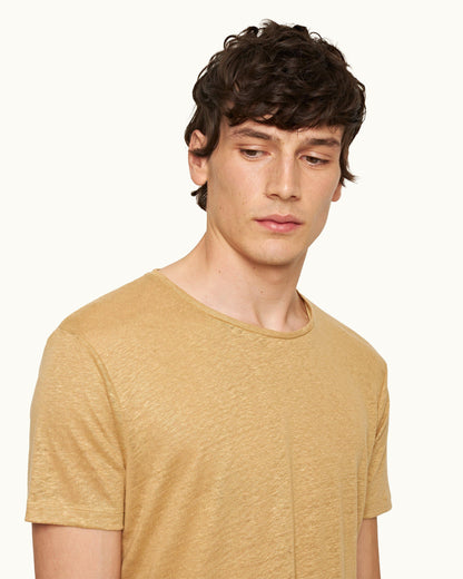 Ob-T Linen - Mens Crew Neck Linen T-Shirt In Biscuit Colour Detail View