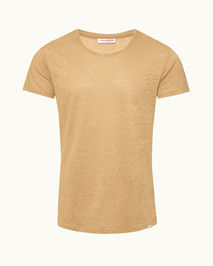 Ob-T Linen - Mens Crew Neck Linen T-Shirt In Biscuit Colour Front View