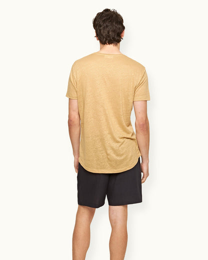 Ob-T Linen - Mens Crew Neck Linen T-Shirt In Biscuit Colour Back Model View