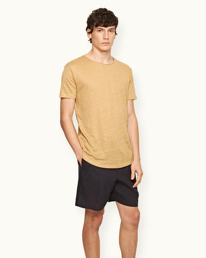 Ob-T Linen - Mens Crew Neck Linen T-Shirt In Biscuit Colour Front Model View