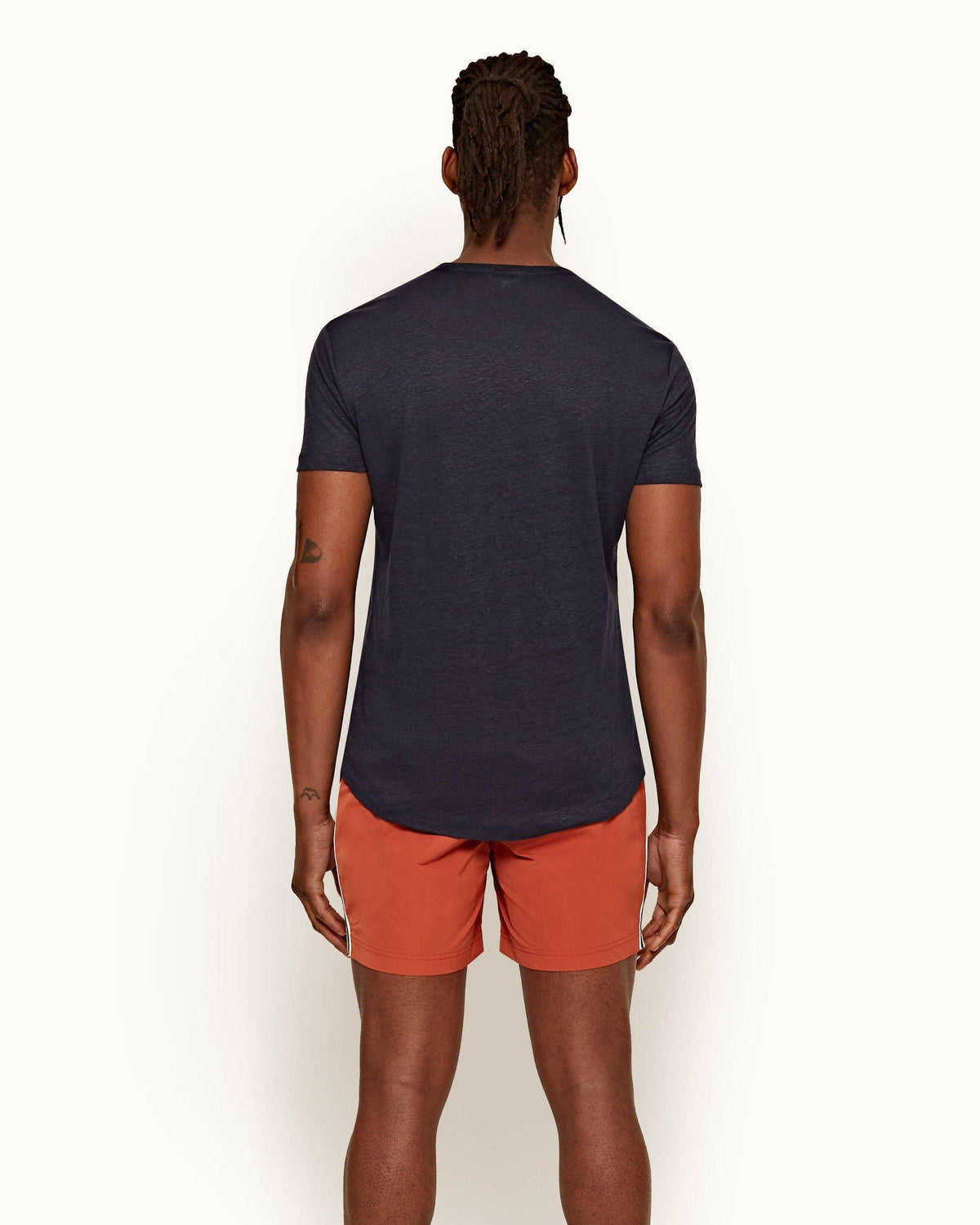 Ob-T Linen - Mens Blue Wash Tailored Fit Crew Neck Linen T-Shirt Back Model View