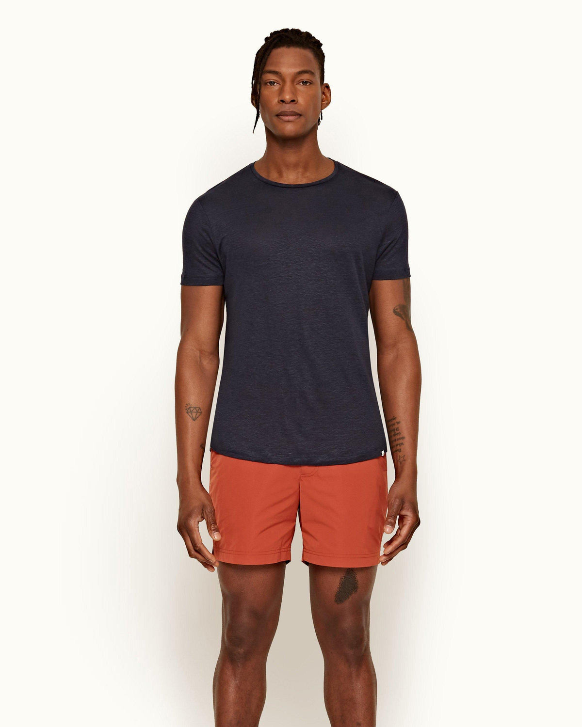 Ob-T Linen - Mens Blue Wash Tailored Fit Crew Neck Linen T-Shirt Front Model View