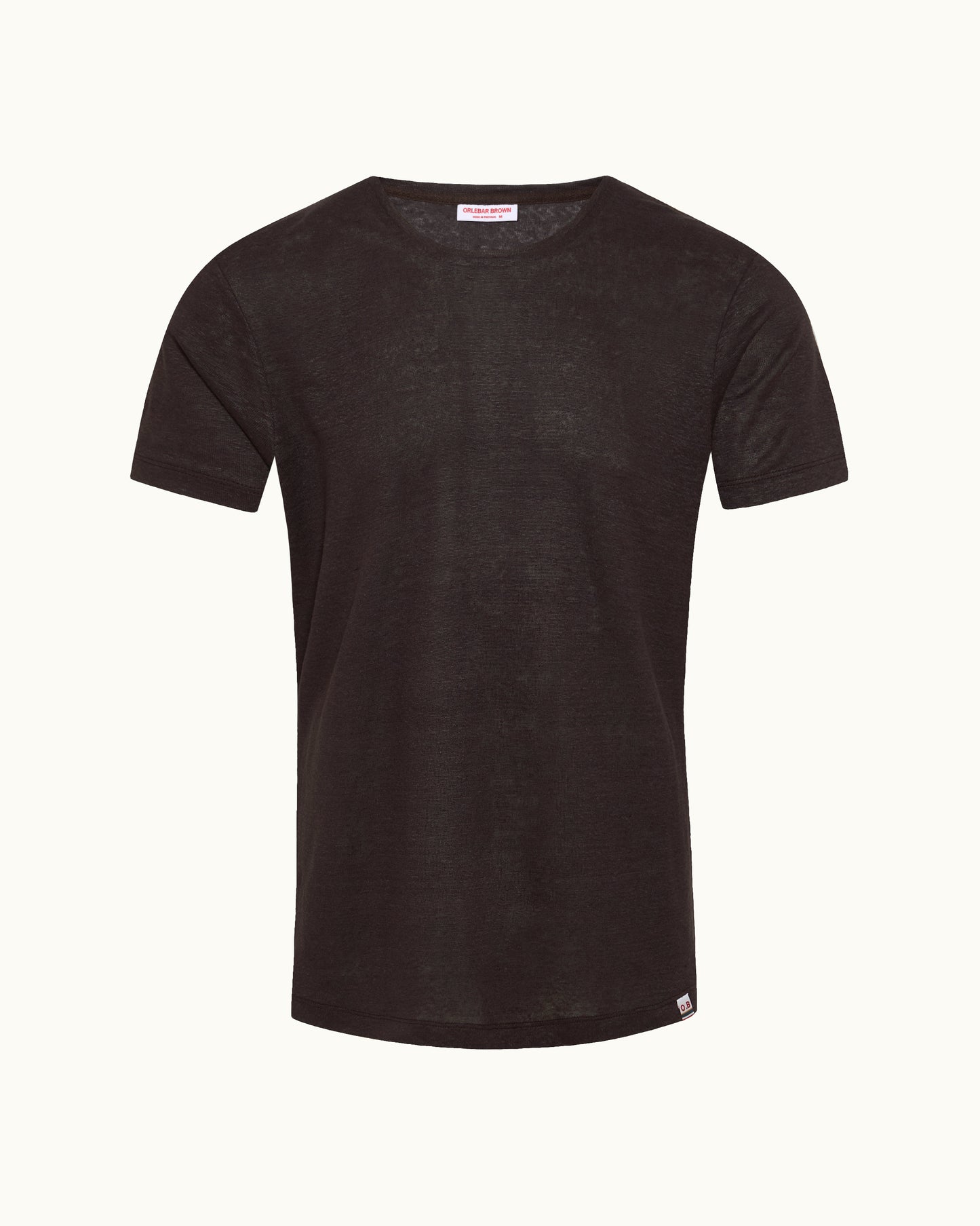 A dark brown short-sleeve crewneck t-shirt displayed flat against a light off-white background.