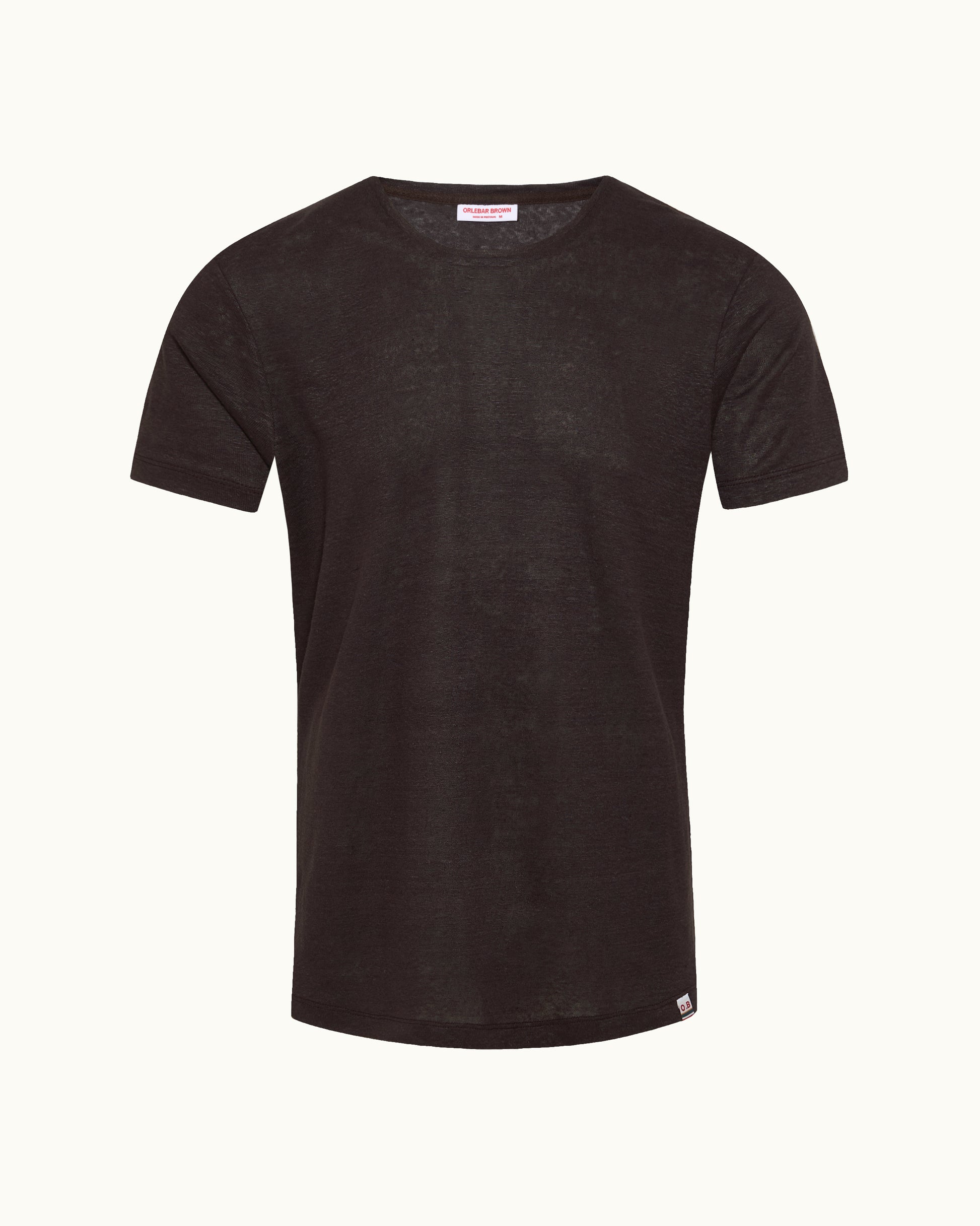A dark brown short-sleeve crewneck t-shirt displayed flat against a light off-white background.