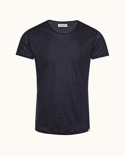 Ob-T Linen - Mens Navy Tailored Fit Crew Neck Linen T-Shirt Front View