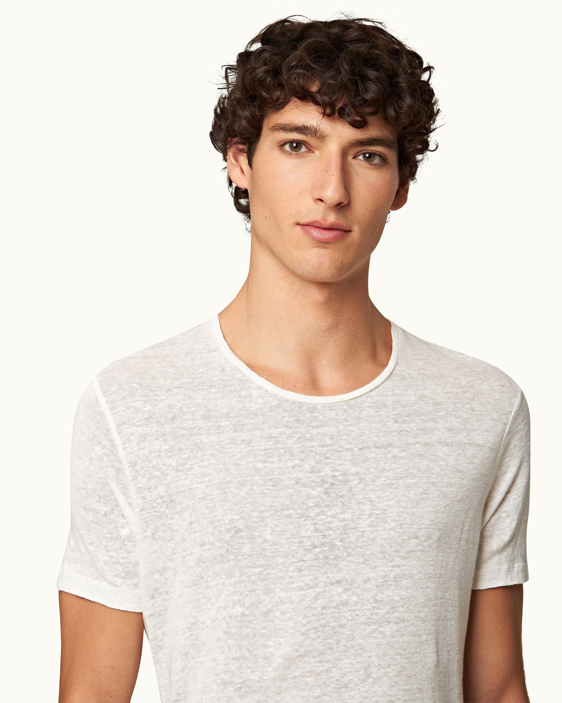 Ob-T Linen - Mens Washed Buttercup Tailored Fit Crew Neck Linen T-Shirt Detail View