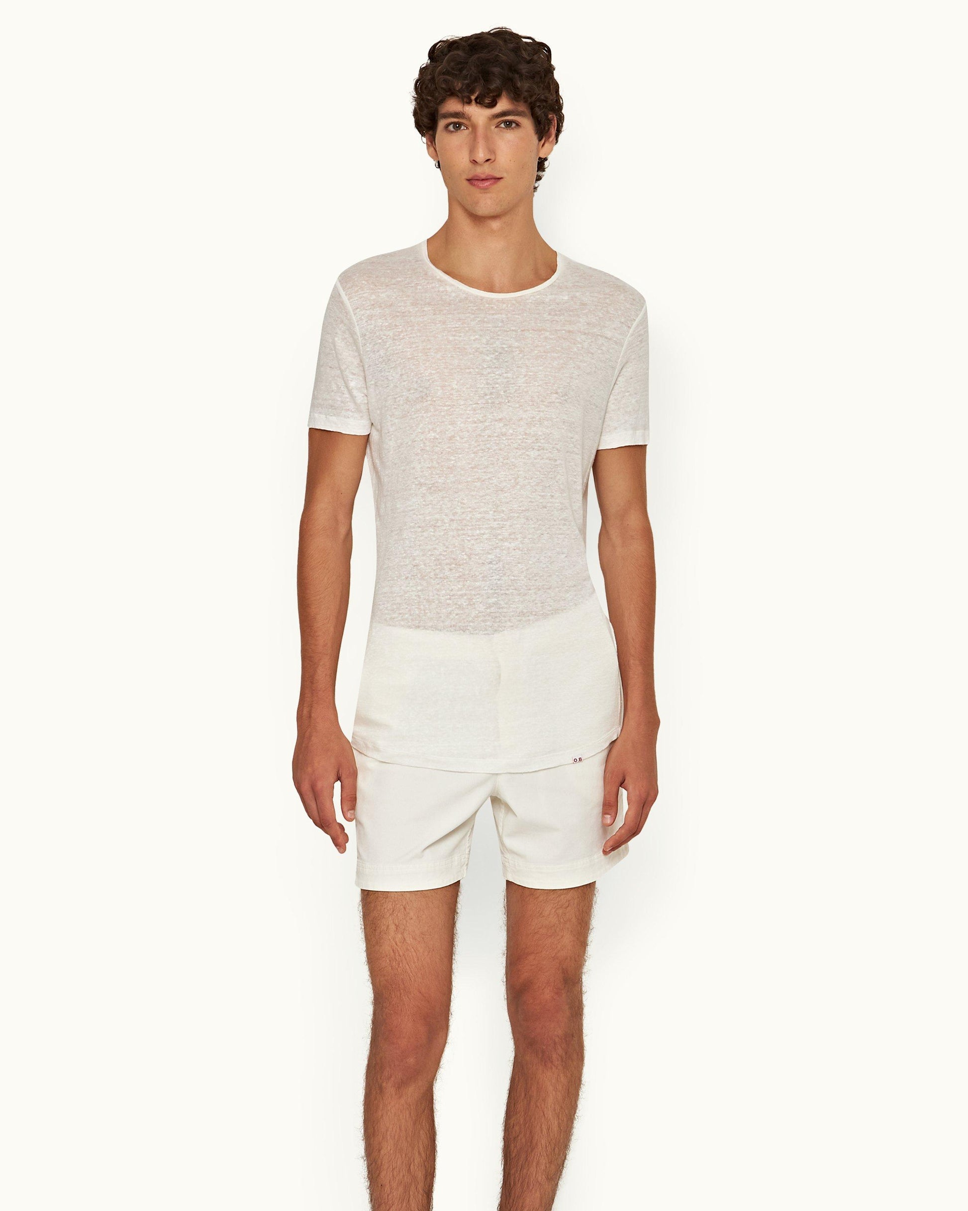 Ob-T Linen - Mens Washed Buttercup Tailored Fit Crew Neck Linen T-Shirt Front Model View