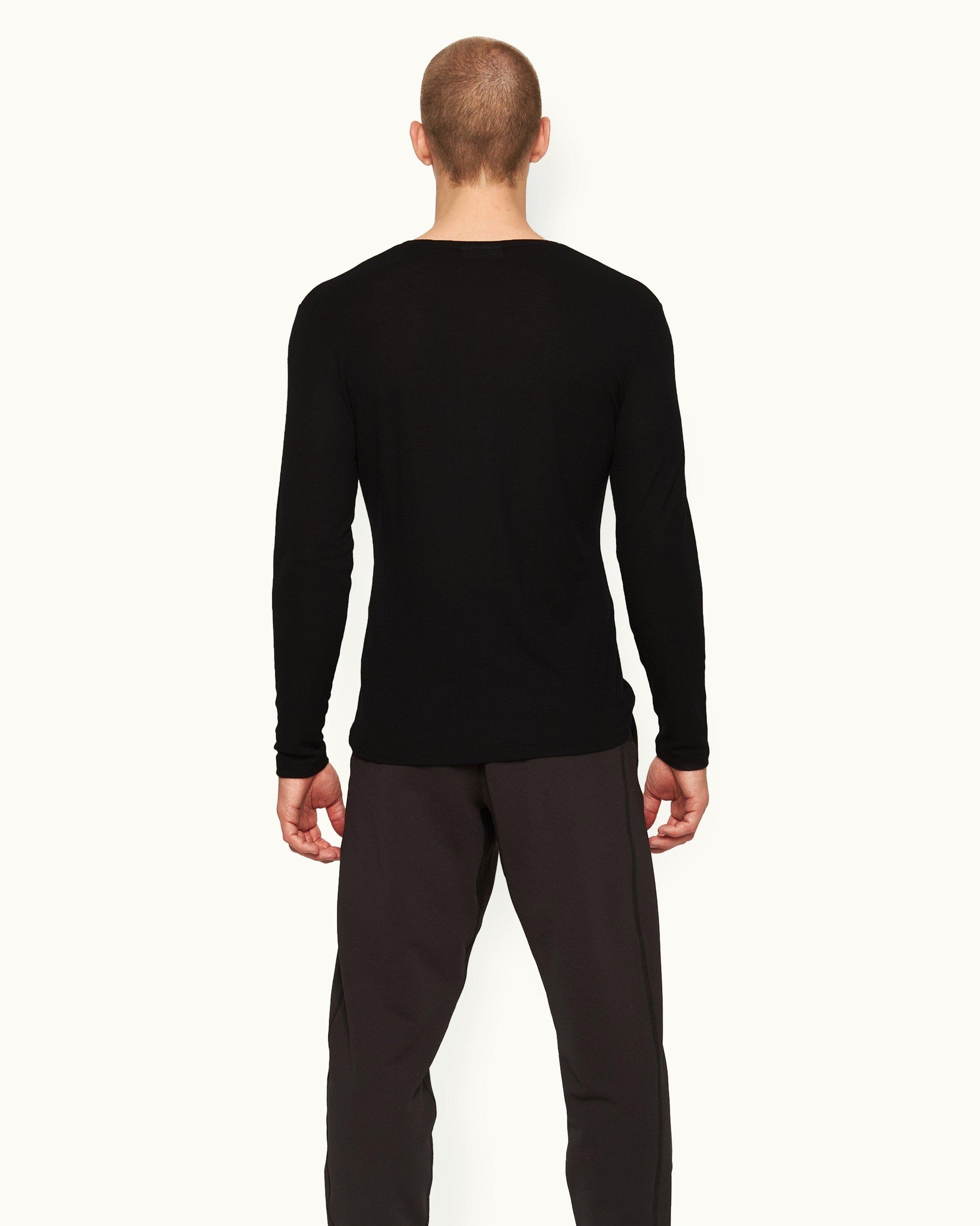 Ob-T Ice Wool - Mens Black Tailored Fit Crewneck Long-Sleeve Ice Wool T-Shirt Back Model View