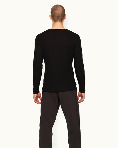 Ob-T Ice Wool - Mens Black Tailored Fit Crewneck Long-Sleeve Ice Wool T-Shirt Back Model View