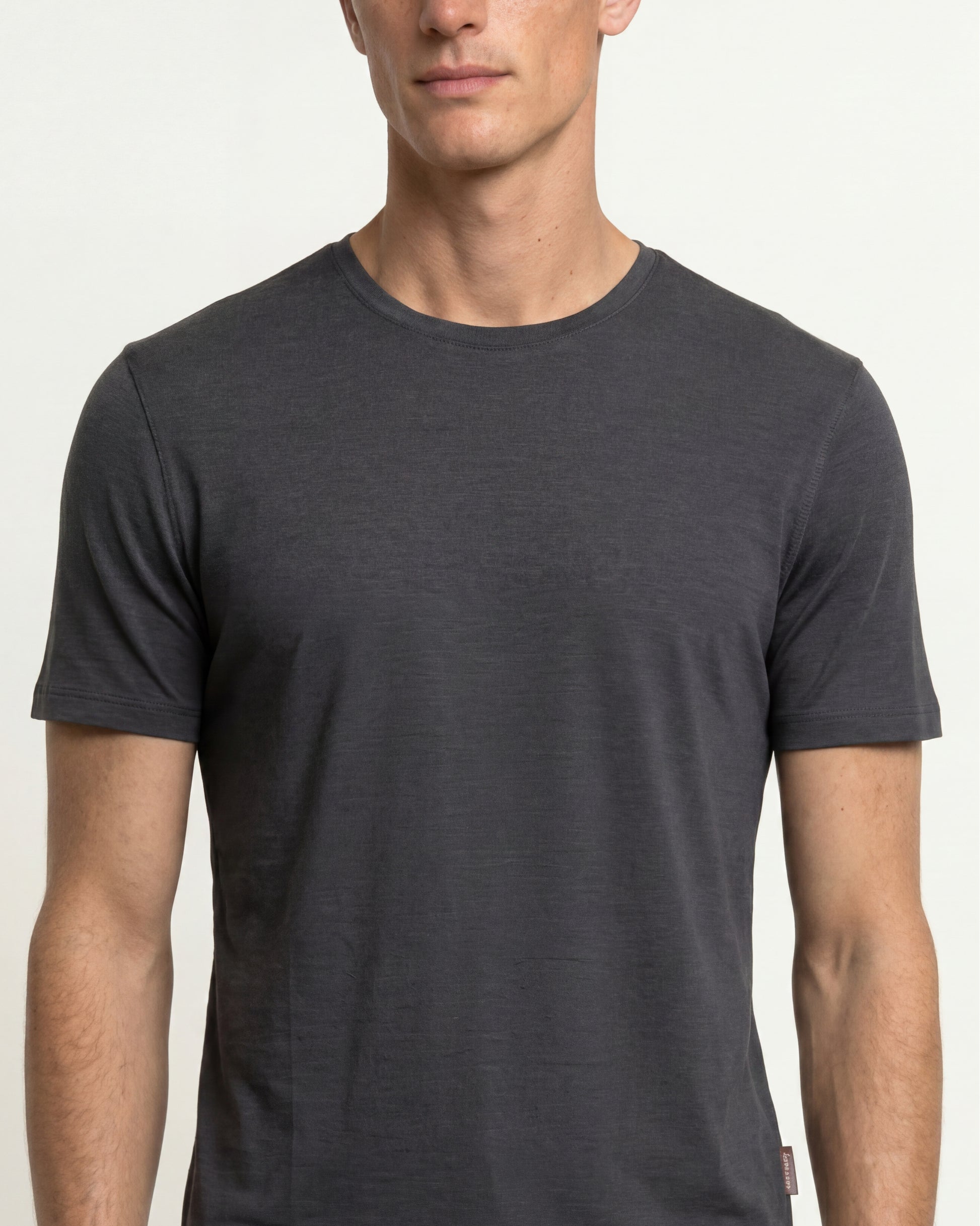 A man wearing a dark charcoal gray short-sleeve crewneck t-shirt, shown from the chest up against a light off-white background.