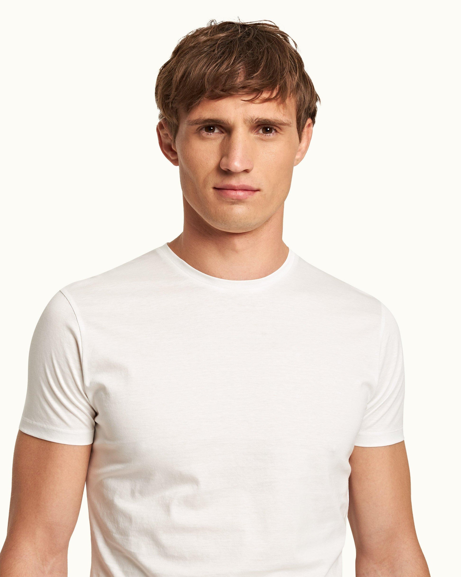 Ob-T Mercerised - Mens White Tailored Fit Crew Neck Cotton T-Shirt Collar Detail View